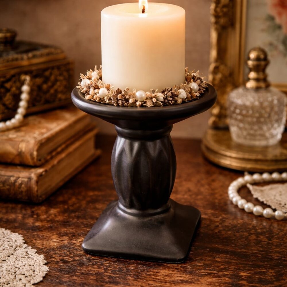 🖤 Black Ceramic Candle Holder / Small Display Pedestal – Vintage Style  Add a t